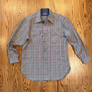 Pendleton Vintage Wool Flannel Plaid Shirt Made in USA Large Gray Red